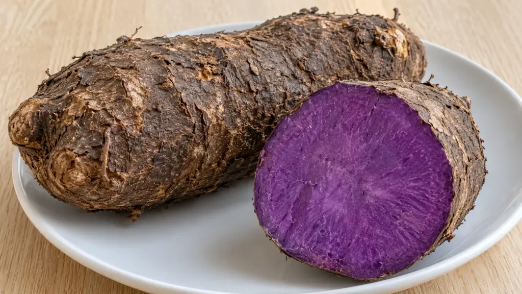 Whole ube purple yam with rough brown skin and a cut section showing violet flesh