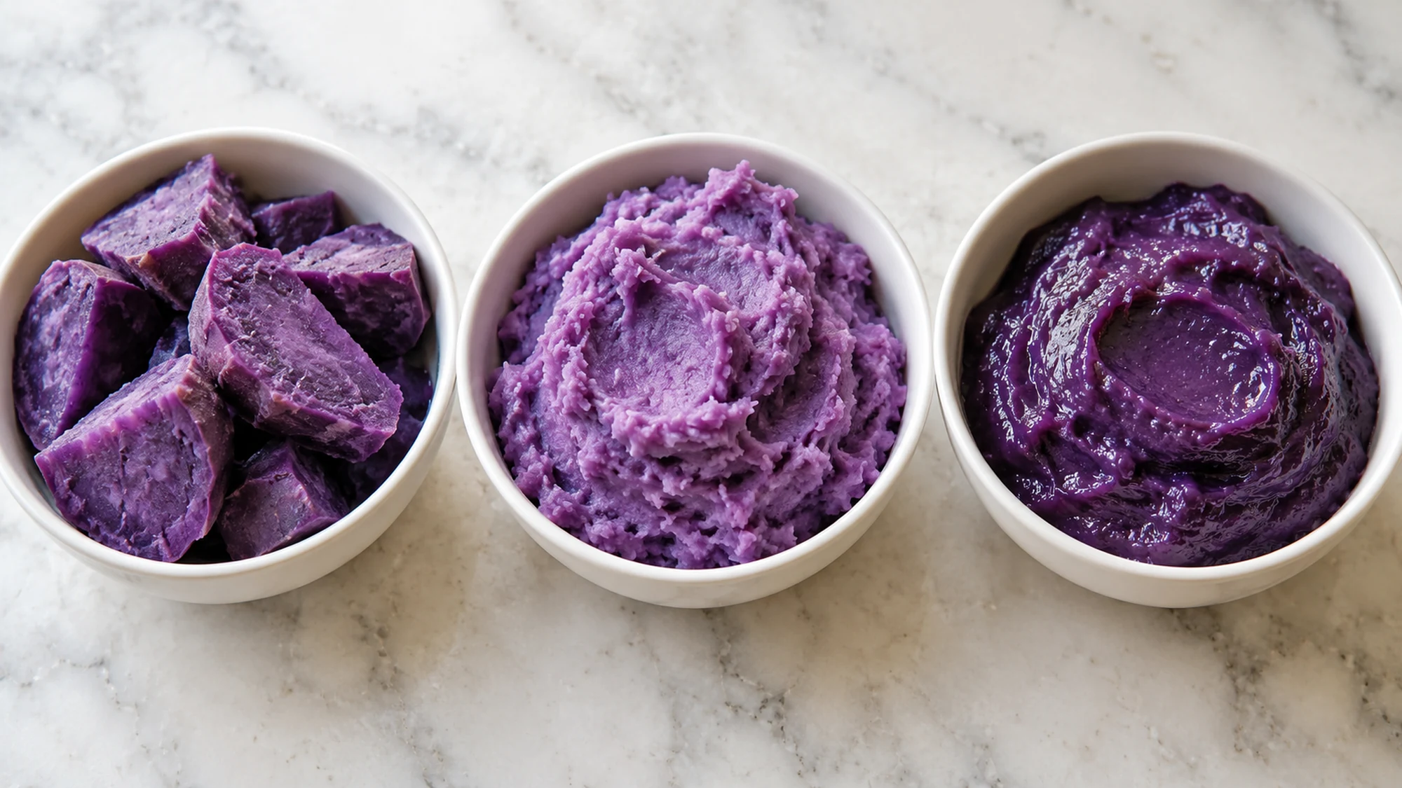 Cooked ube chunks, plain mashed yam and glossy halaya compared in bowls