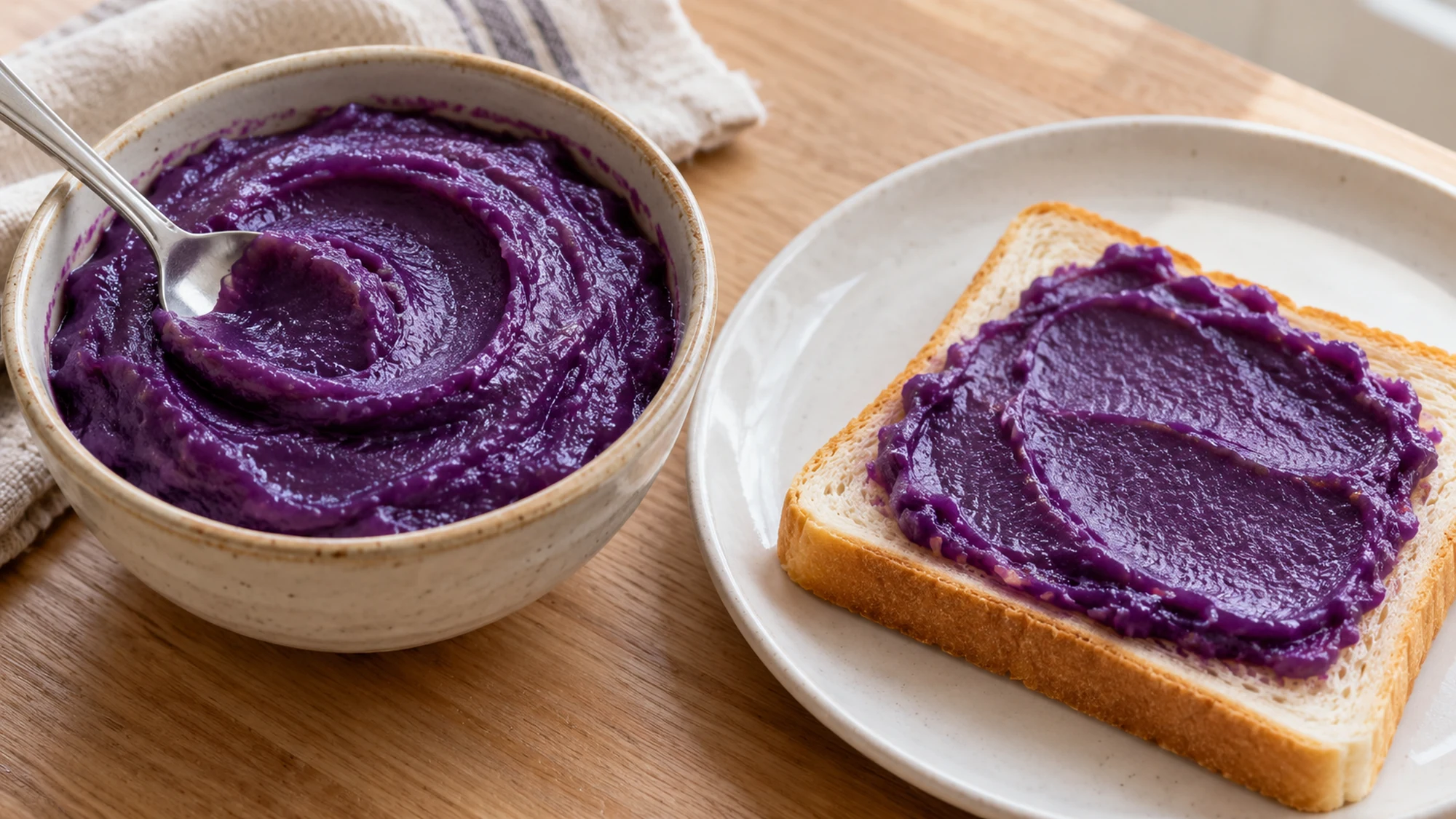 Ube halaya in a bowl beside a slice of bread spread with purple yam jam