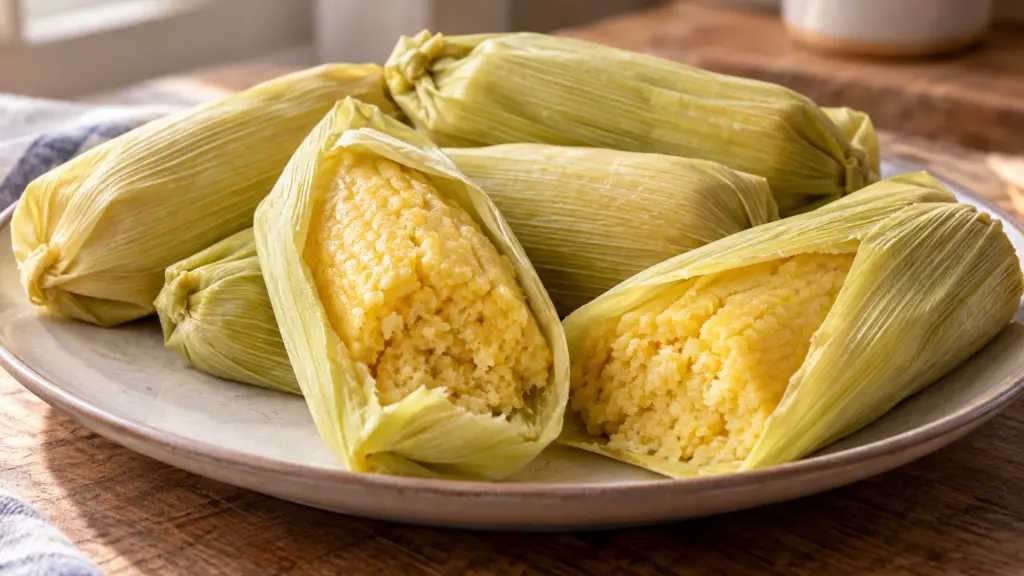 Uchepos opened in fresh corn husks to show tender yellow corn centers