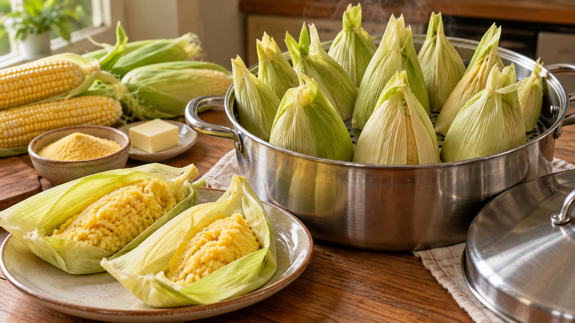 Uchepos arranged upright in a steamer with two opened corn-husk packets nearby