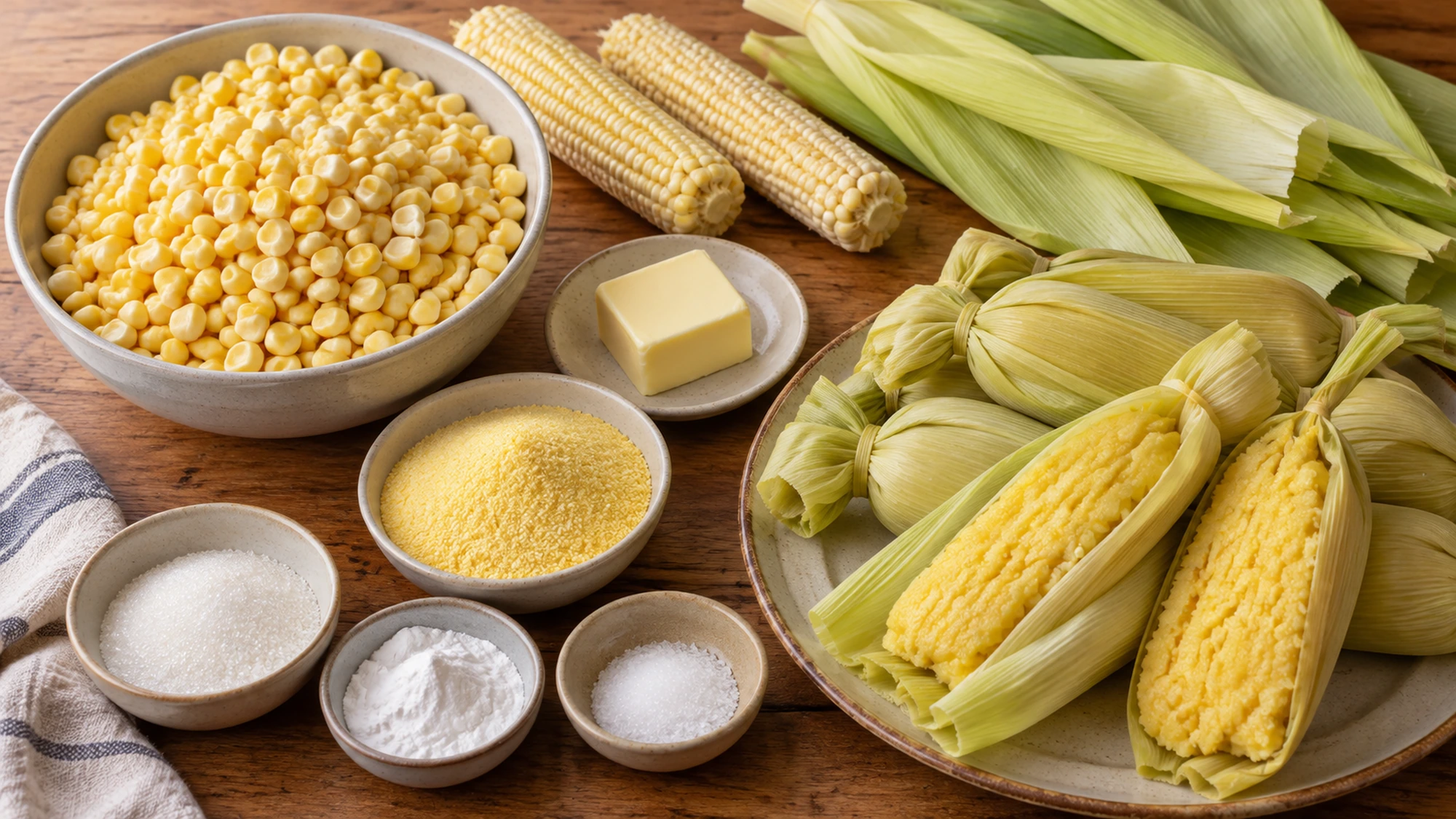 Fresh corn, butter, cornmeal, and husks prepared for uchepos