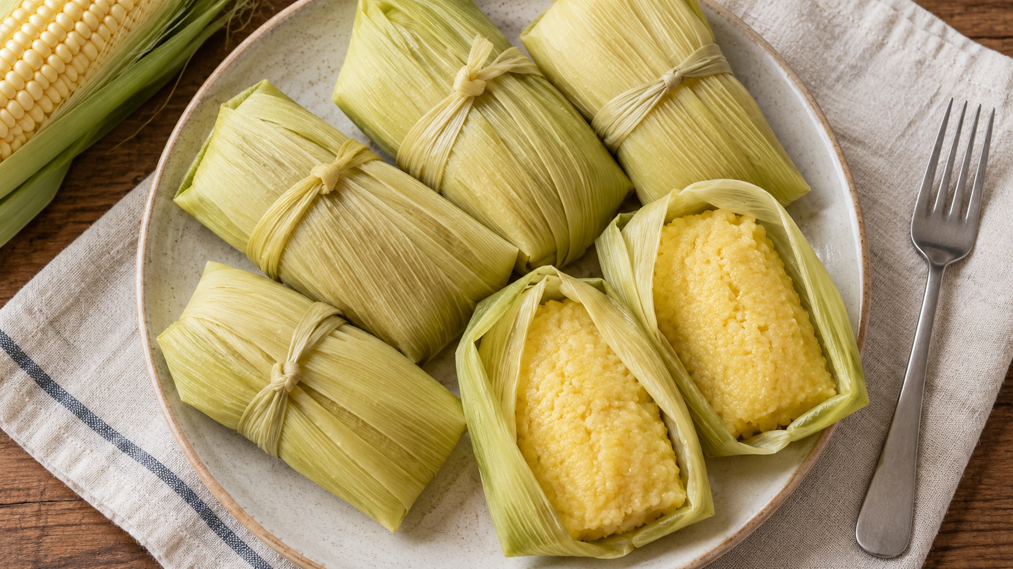 Small uchepos served warm in opened pale corn husks