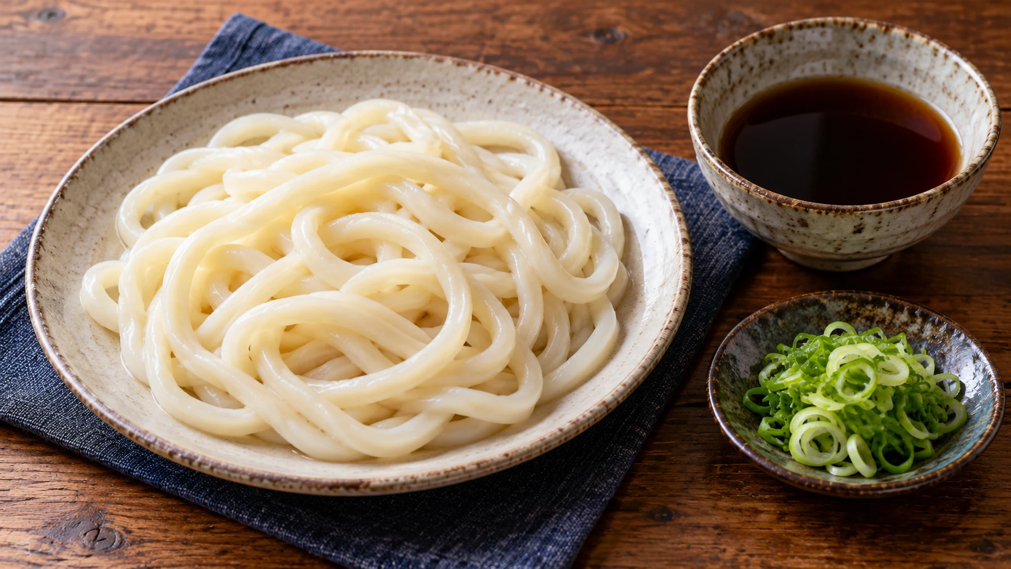 Plain cooked udon noodles served with separate dipping sauce and green onions