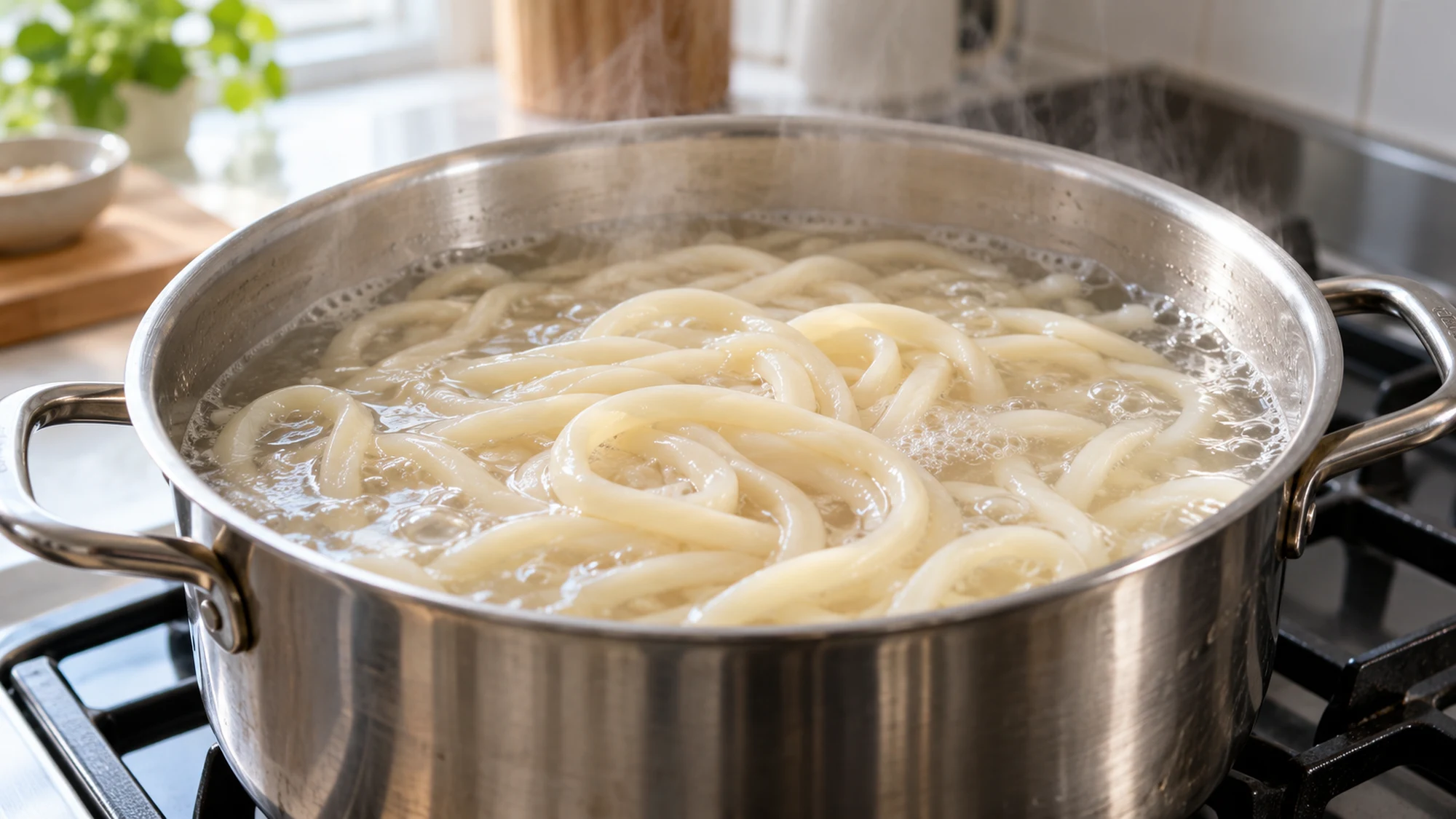Thick pale udon noodles heating in a stainless steel pot of water