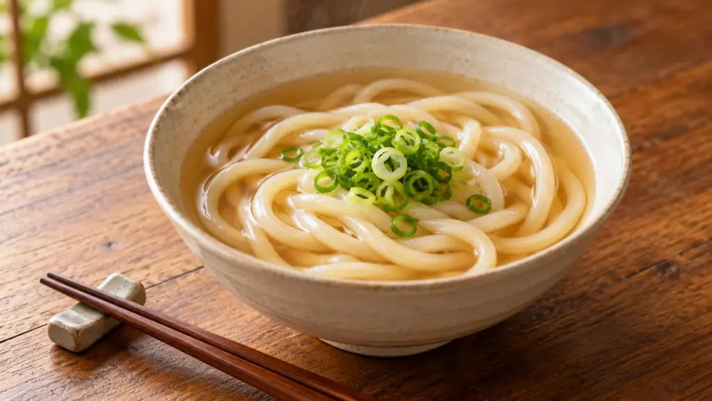 Thick udon noodles in clear broth with sliced green onions