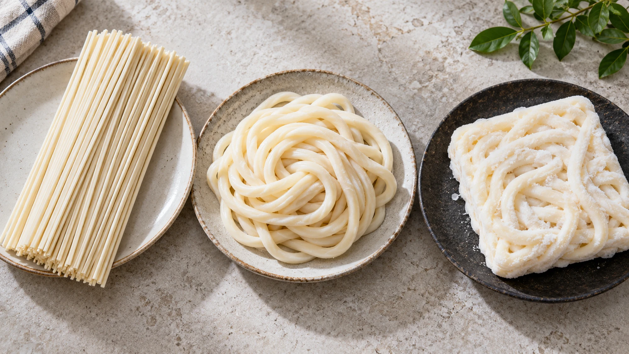 Dried udon noodles beside a fresh noodle coil and a frozen precooked block
