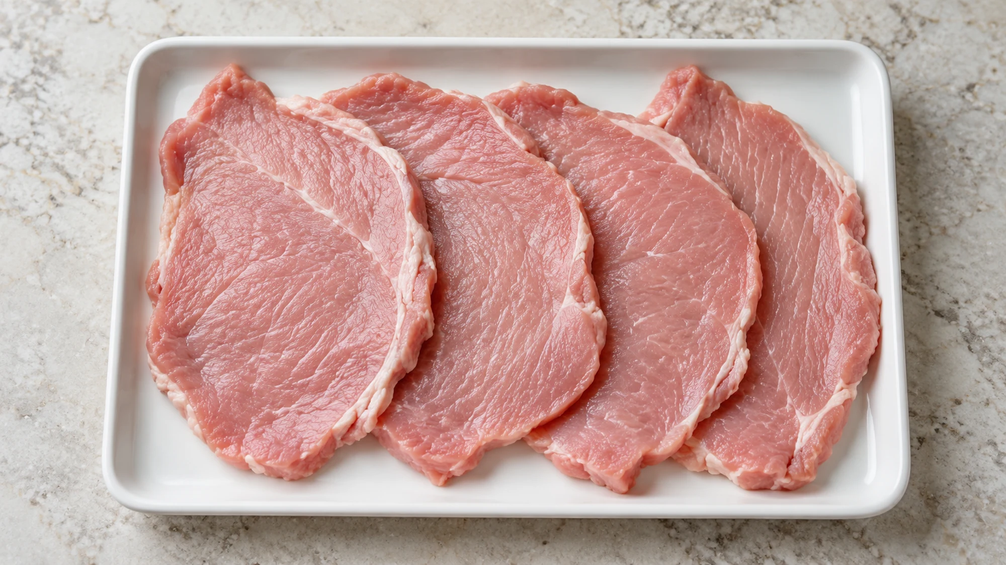 Pale pink raw veal cutlets arranged on a white tray