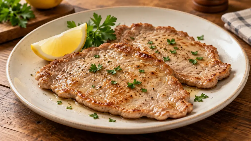 Lightly browned veal cutlets served with a lemon wedge and parsley