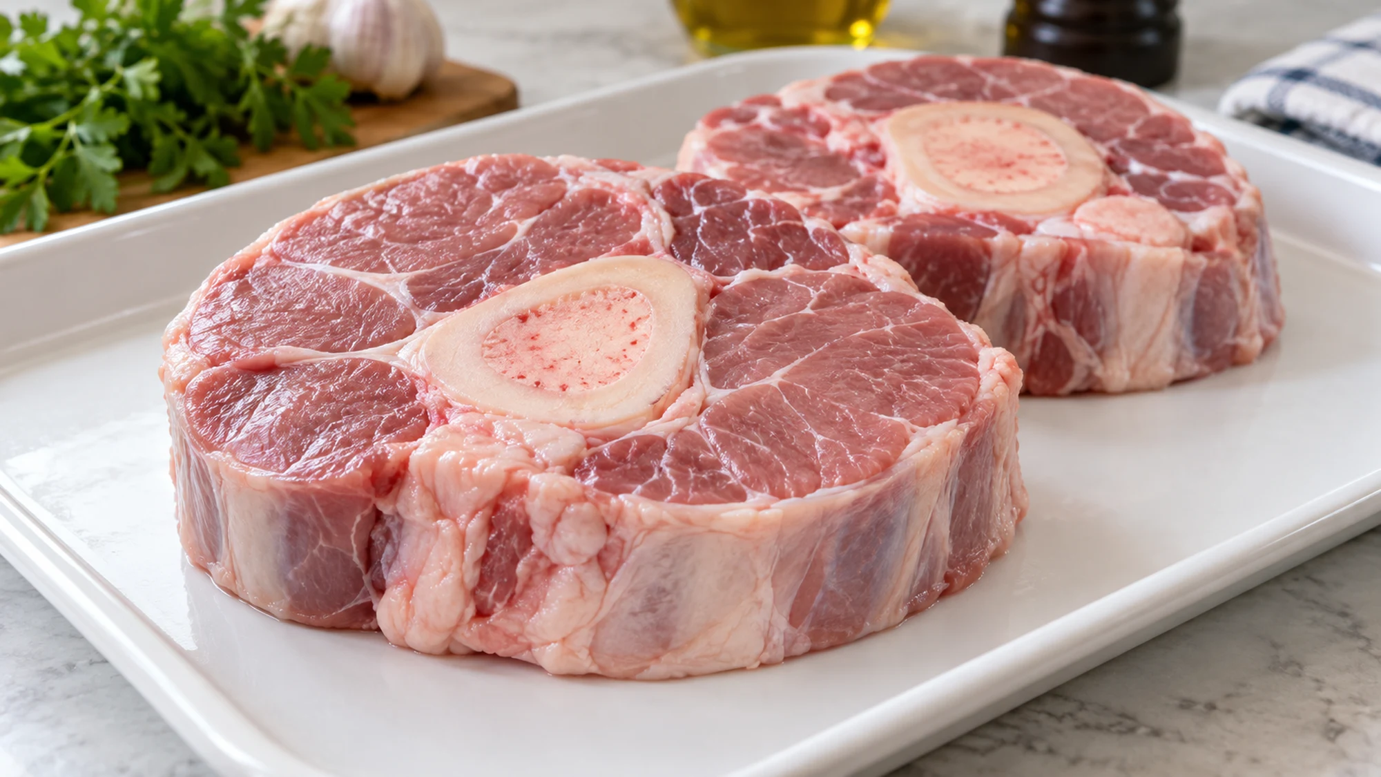 Raw cross-cut veal shanks showing the central marrow bone