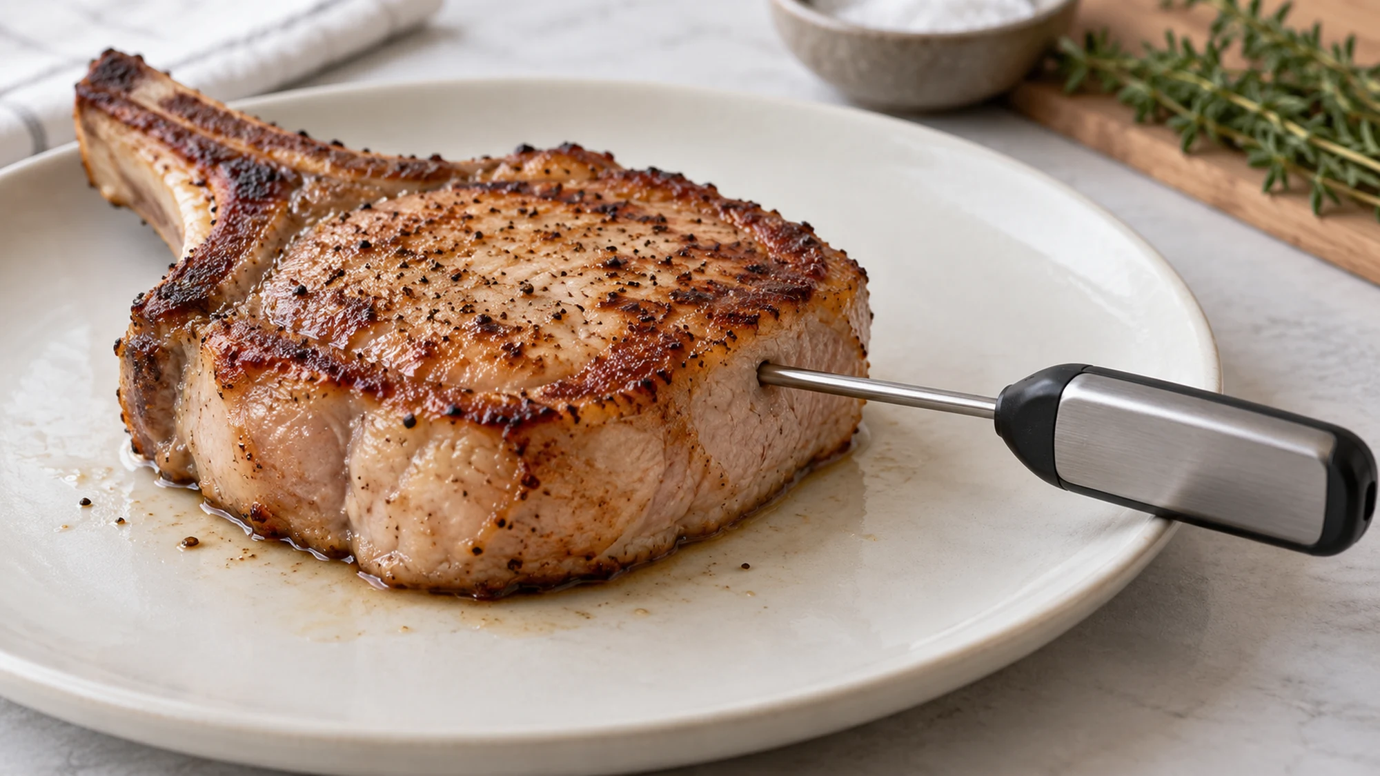 Probe thermometer inserted into the thickest meat of a cooked veal chop away from the bone