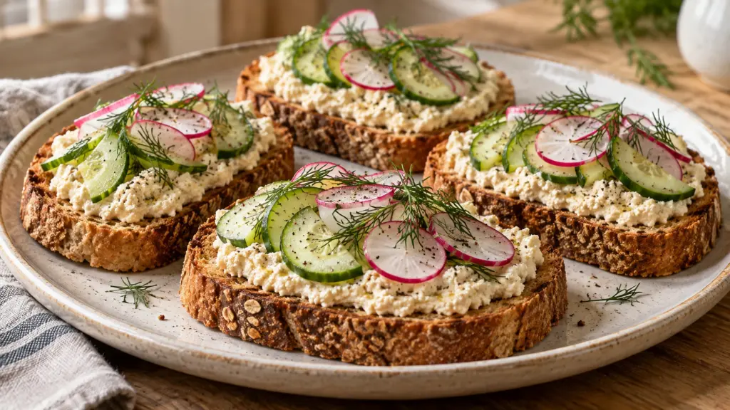 Vegan ricotta toast topped with cucumber, radish, and dill