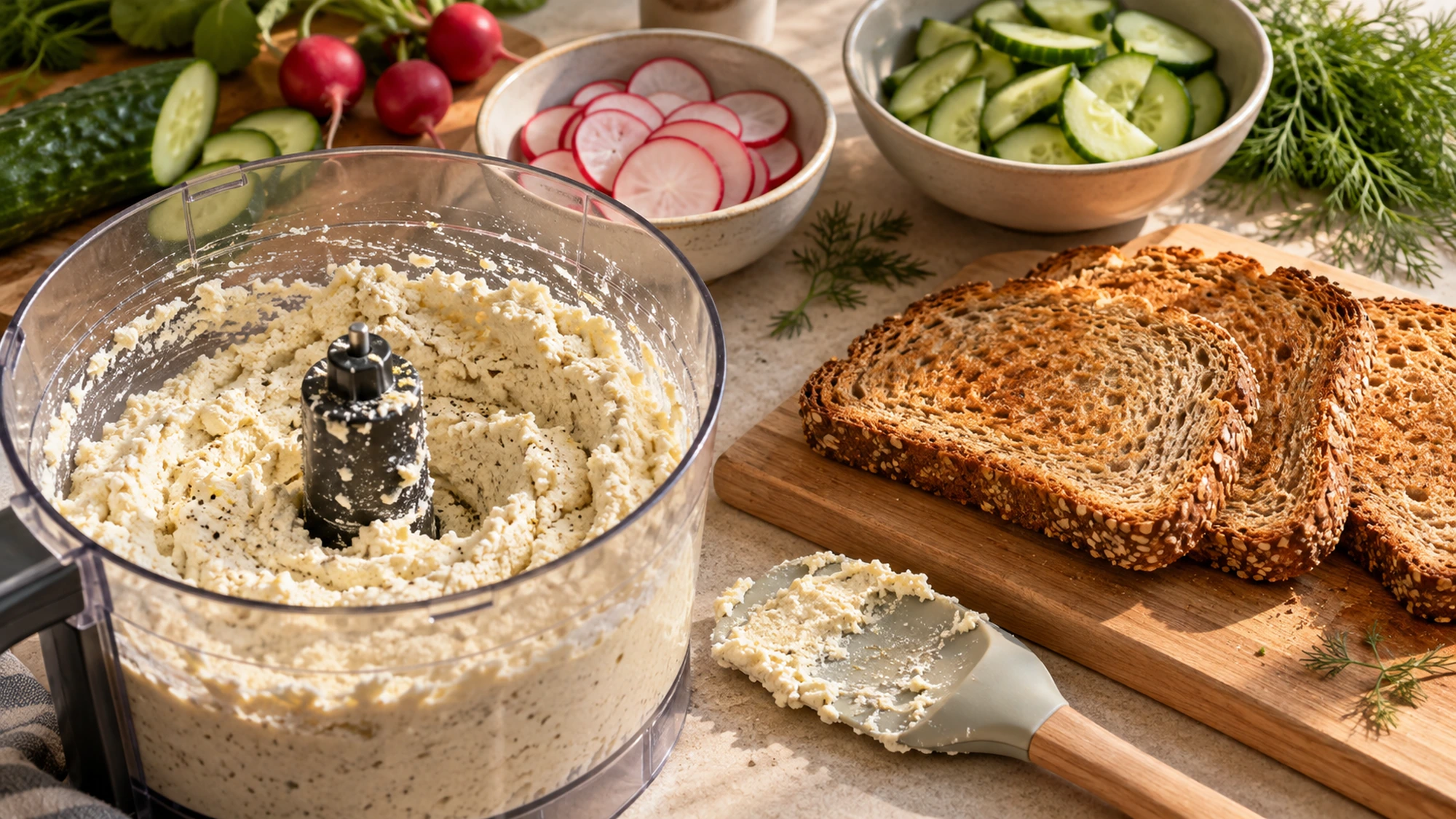 Lemon tofu spread in a processor beside bread for vegan ricotta toast