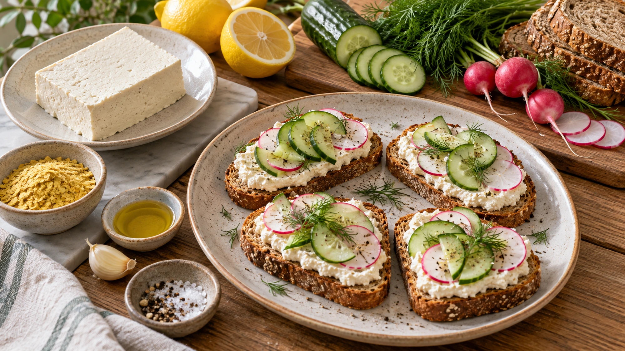 Tofu, lemon, nutritional yeast, and vegetables prepared for vegan ricotta toast