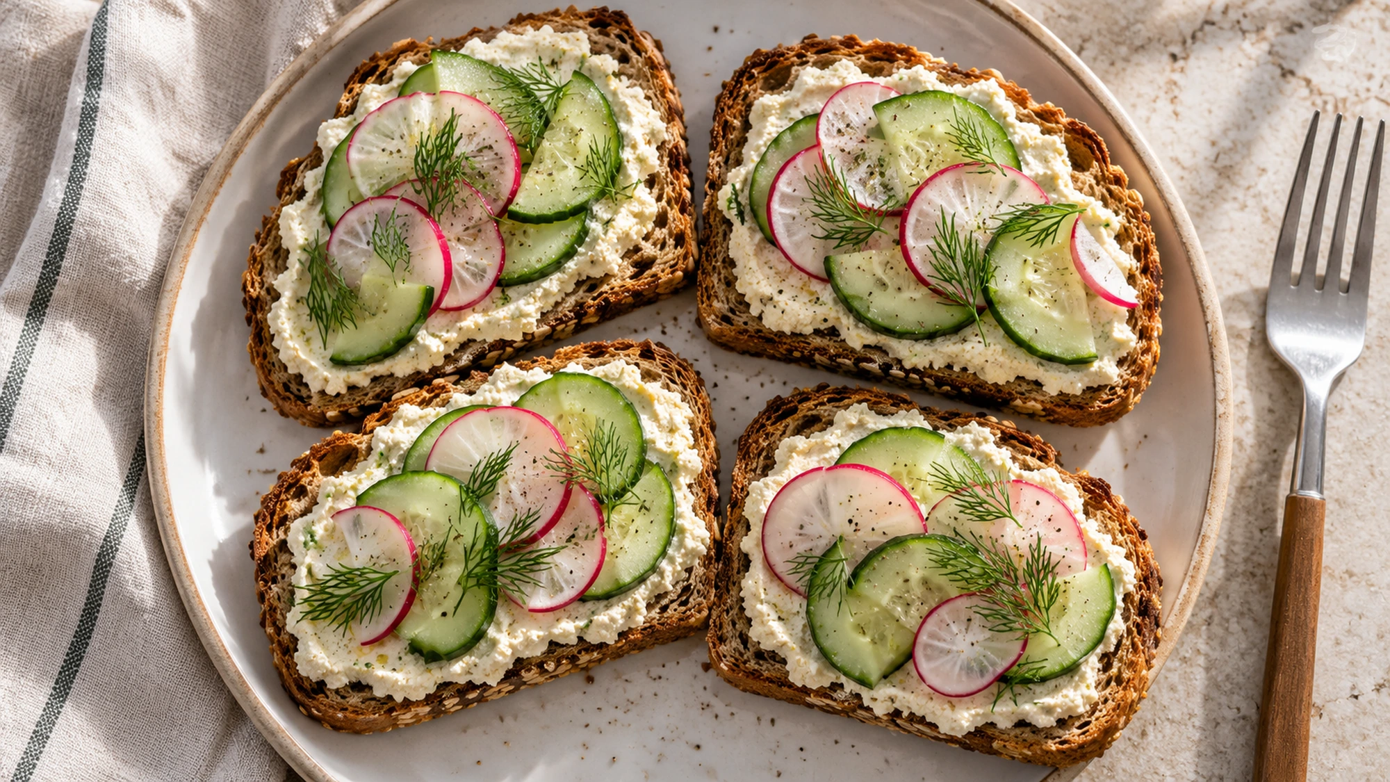 Vegan ricotta toast with thin cucumber and radish slices viewed from above