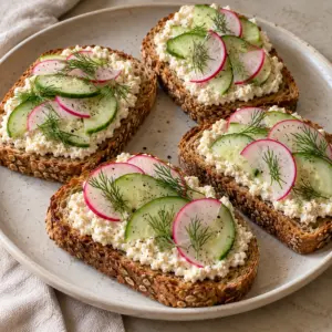 Vegan ricotta toast with lightly curdy tofu spread and crisp vegetables