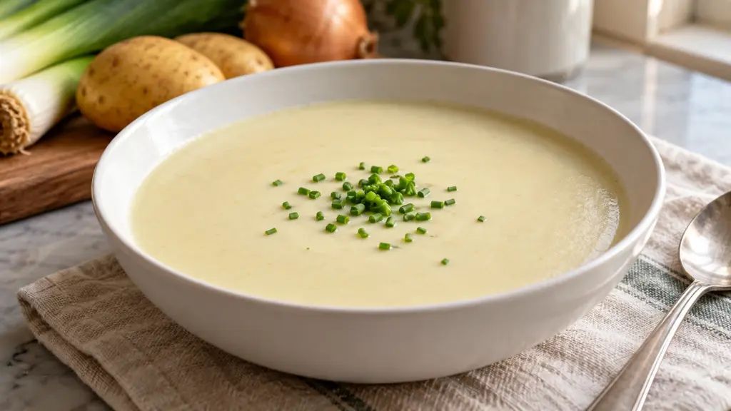 Smooth chilled vichyssoise with a small chive garnish