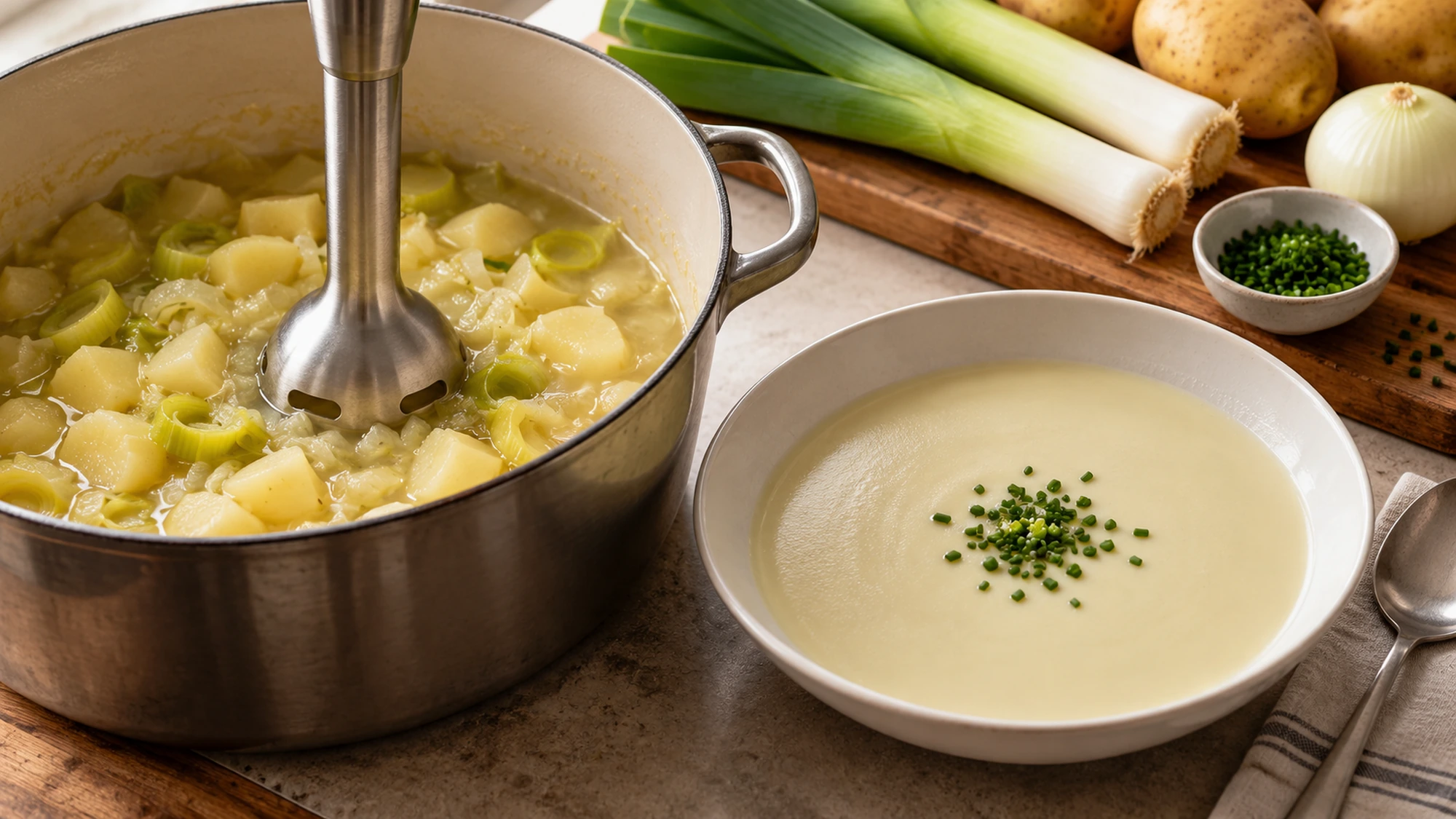 Cooked potatoes and leeks in a saucepan before blending vichyssoise