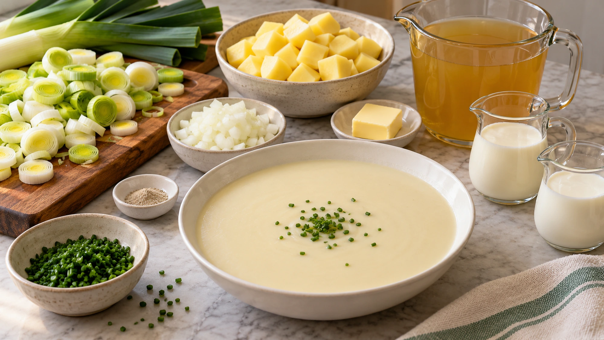 Leeks, potatoes, onion, broth, milk, and cream prepared for vichyssoise