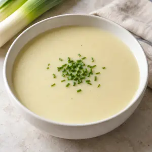 Pale creamy vichyssoise finished with finely snipped chives