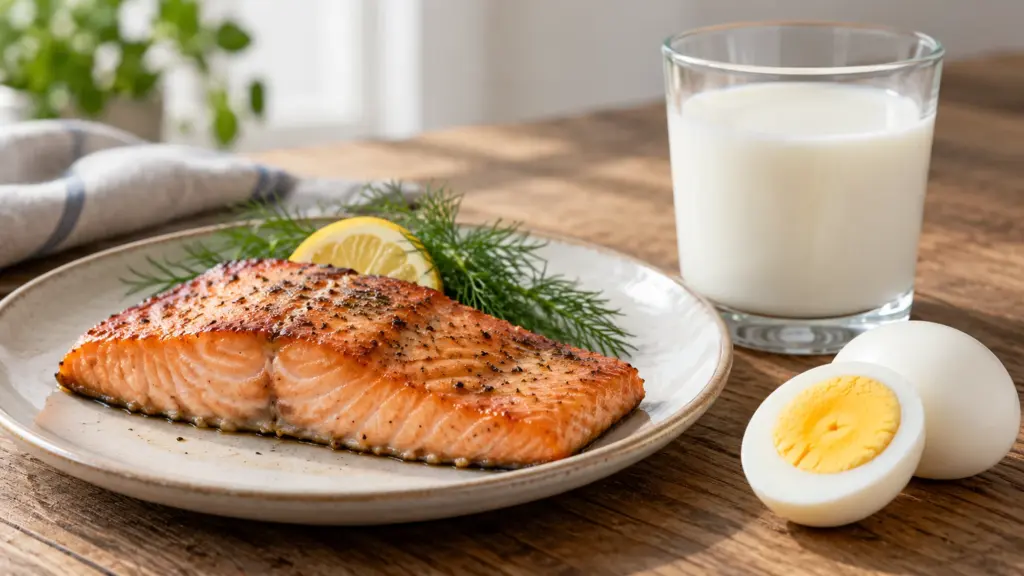 Salmon, milk, and eggs illustrating foods discussed in vitamin D deficiency guidance