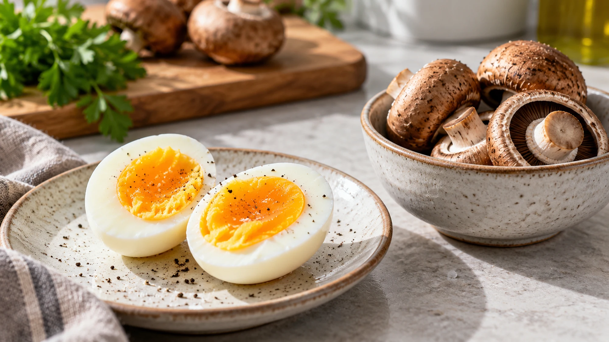 Eggs and mushrooms illustrating foods considered in a vitamin D deficiency guide