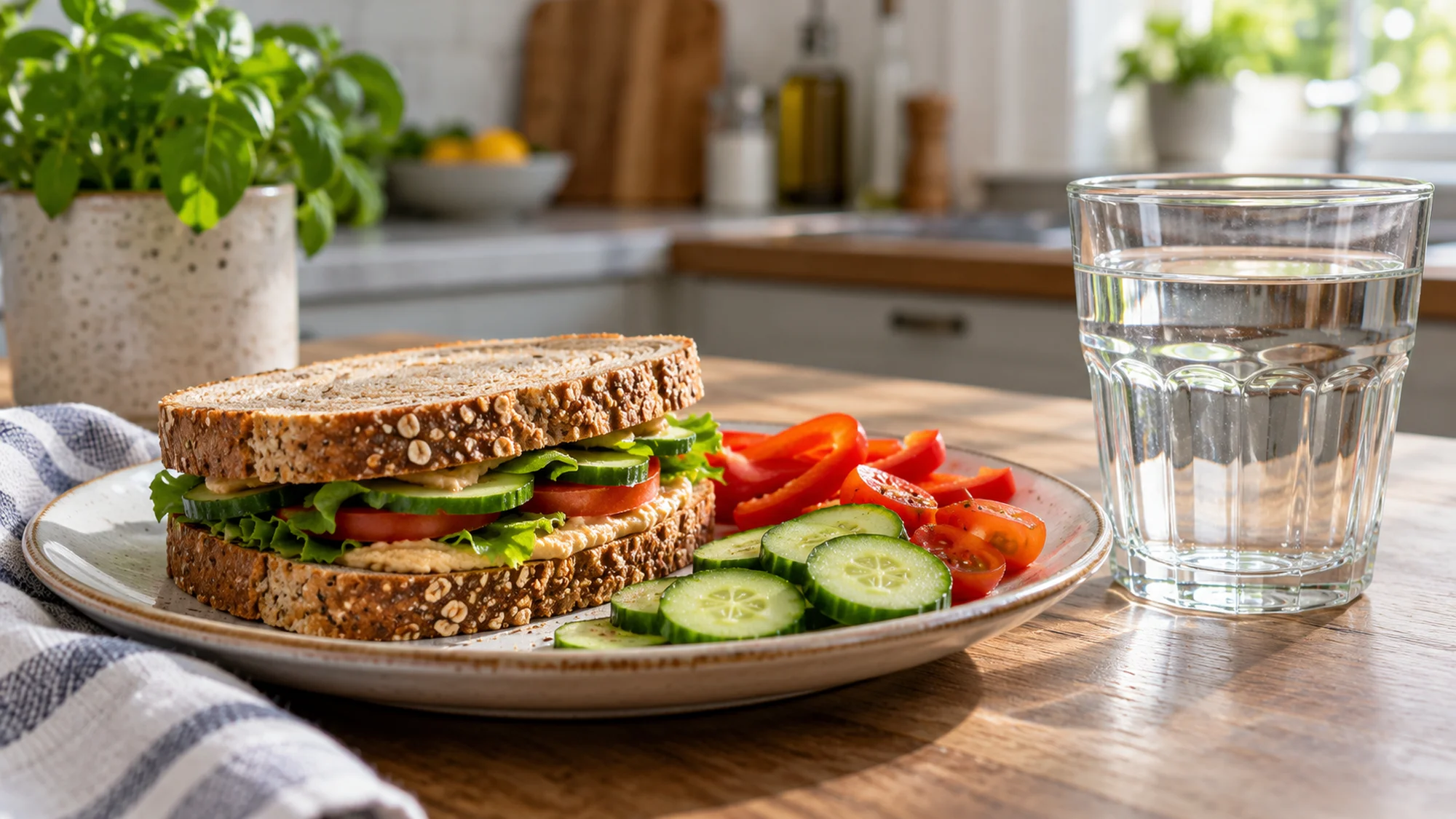 Vegetable sandwich with sliced vegetables and a glass of plain water