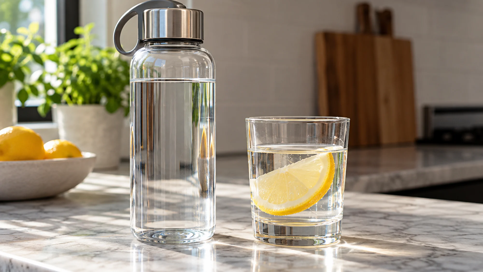 Glass of water with lemon beside a reusable water bottle