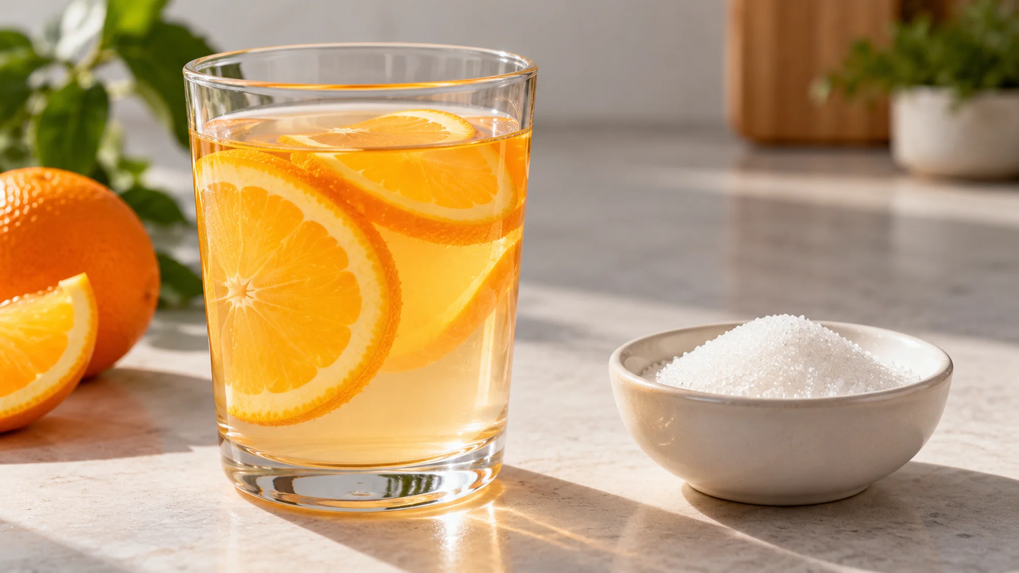 Orange-infused drink beside a bowl of granulated sugar