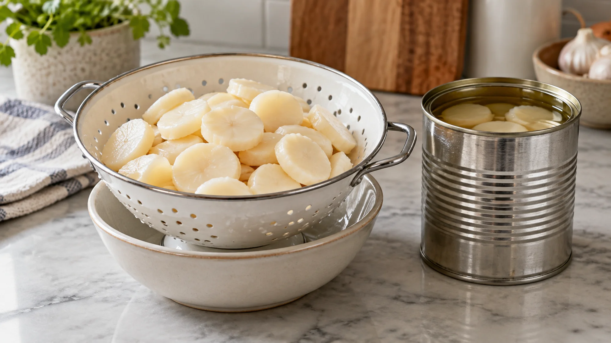 Canned water chestnut slices drained in a colander