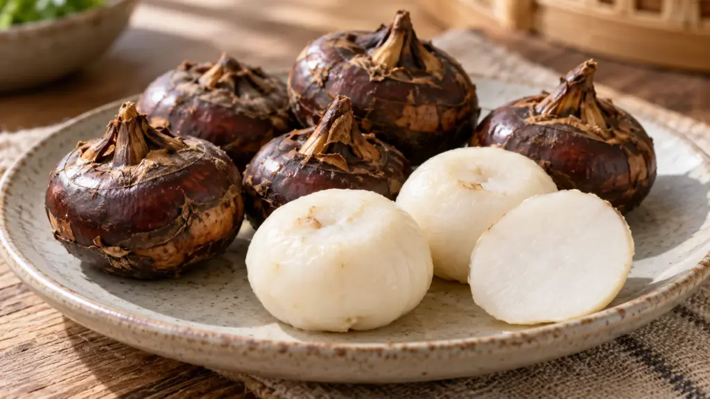 Whole brown water chestnut corms beside peeled white interiors