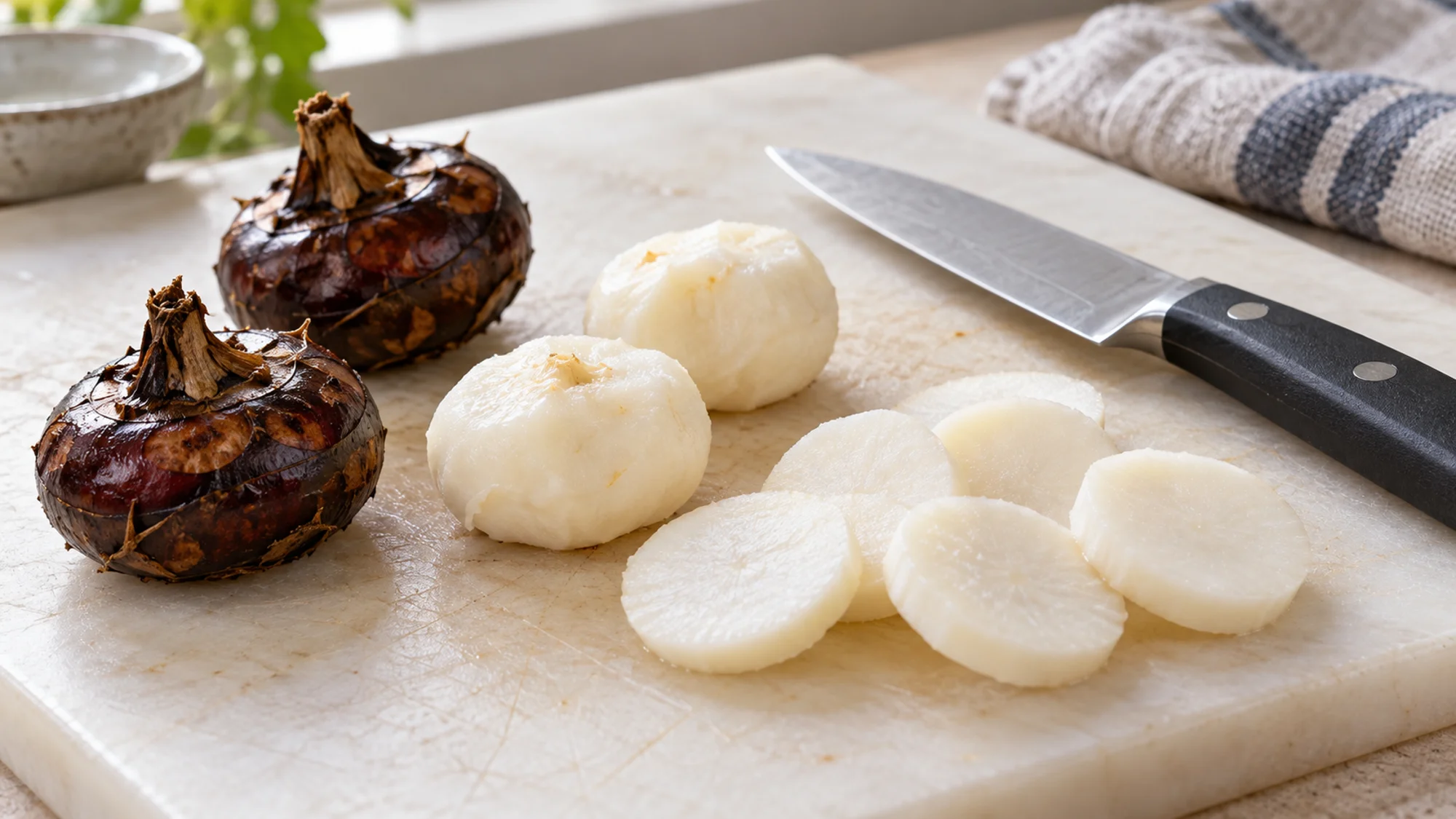 Peeled water chestnut corms and round slices on a cutting board