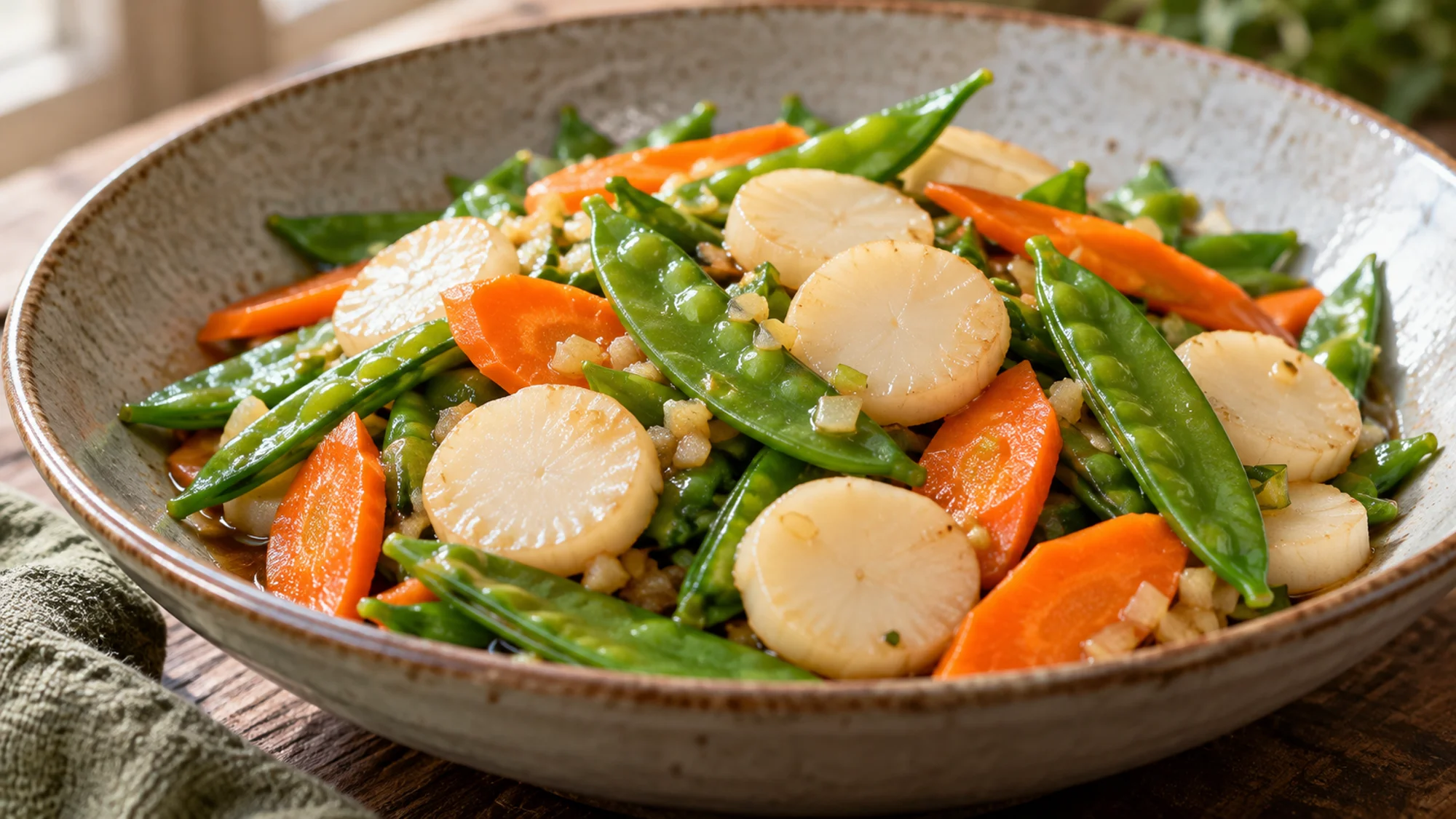 Water chestnut slices with snow peas and carrots in a stir-fry