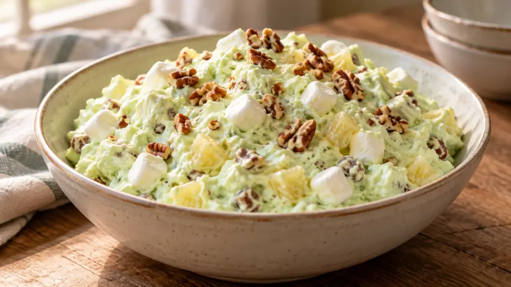 Watergate salad with pale green pistachio fluff, pineapple, marshmallows, and pecans