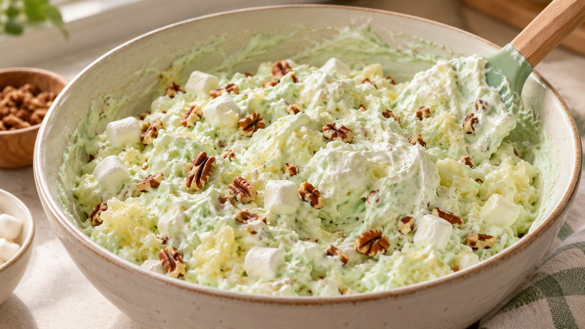 Watergate salad being gently folded in a mixing bowl