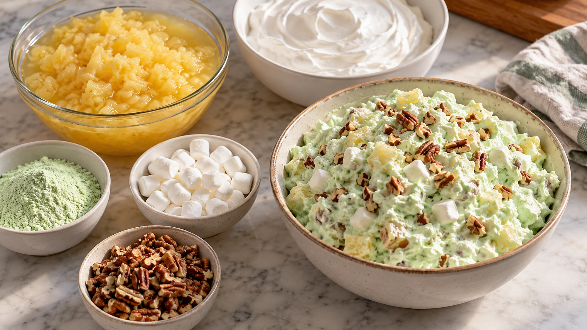 Pineapple, pudding powder, whipped topping, marshmallows, and pecans for watergate salad