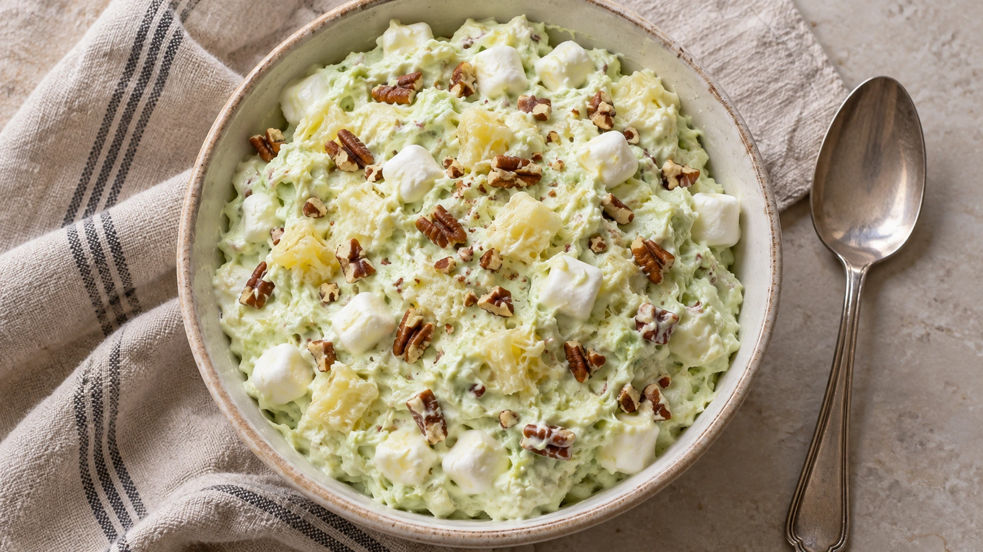 A small bowl of chilled watergate salad with chopped pecans