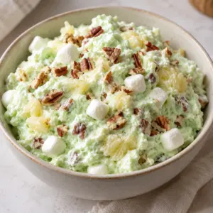 Watergate salad showing pineapple pieces and marshmallows in pistachio fluff