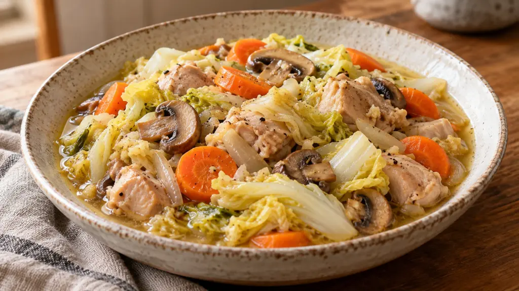 Waterless chicken and cabbage soup with mushrooms, carrot, and concentrated natural broth