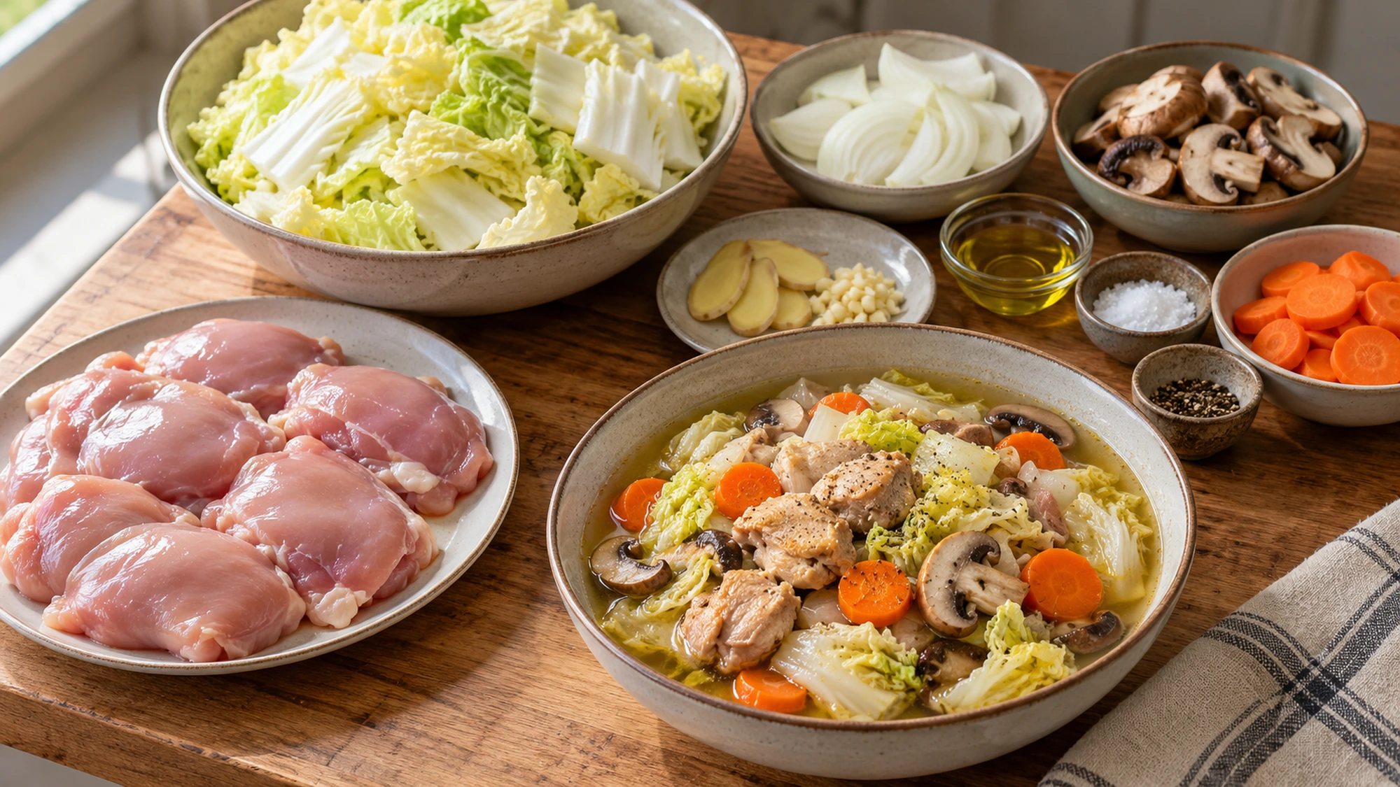 Chicken thighs and vegetables prepared separately for waterless chicken and cabbage soup