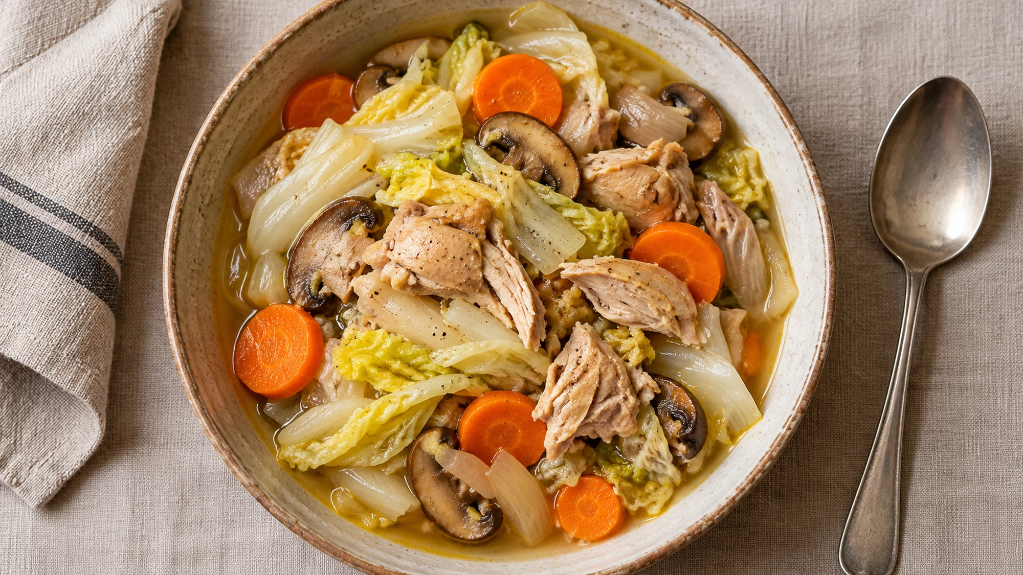 Waterless chicken and cabbage soup served in a shallow bowl