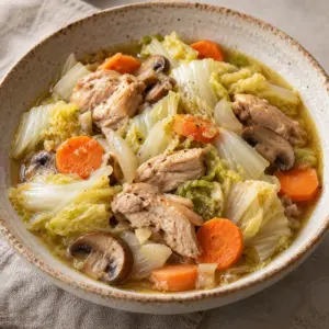 Tender chicken and napa cabbage in waterless chicken and cabbage soup