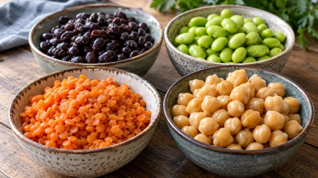 Bowls of red lentils, chickpeas, black beans and shelled edamame