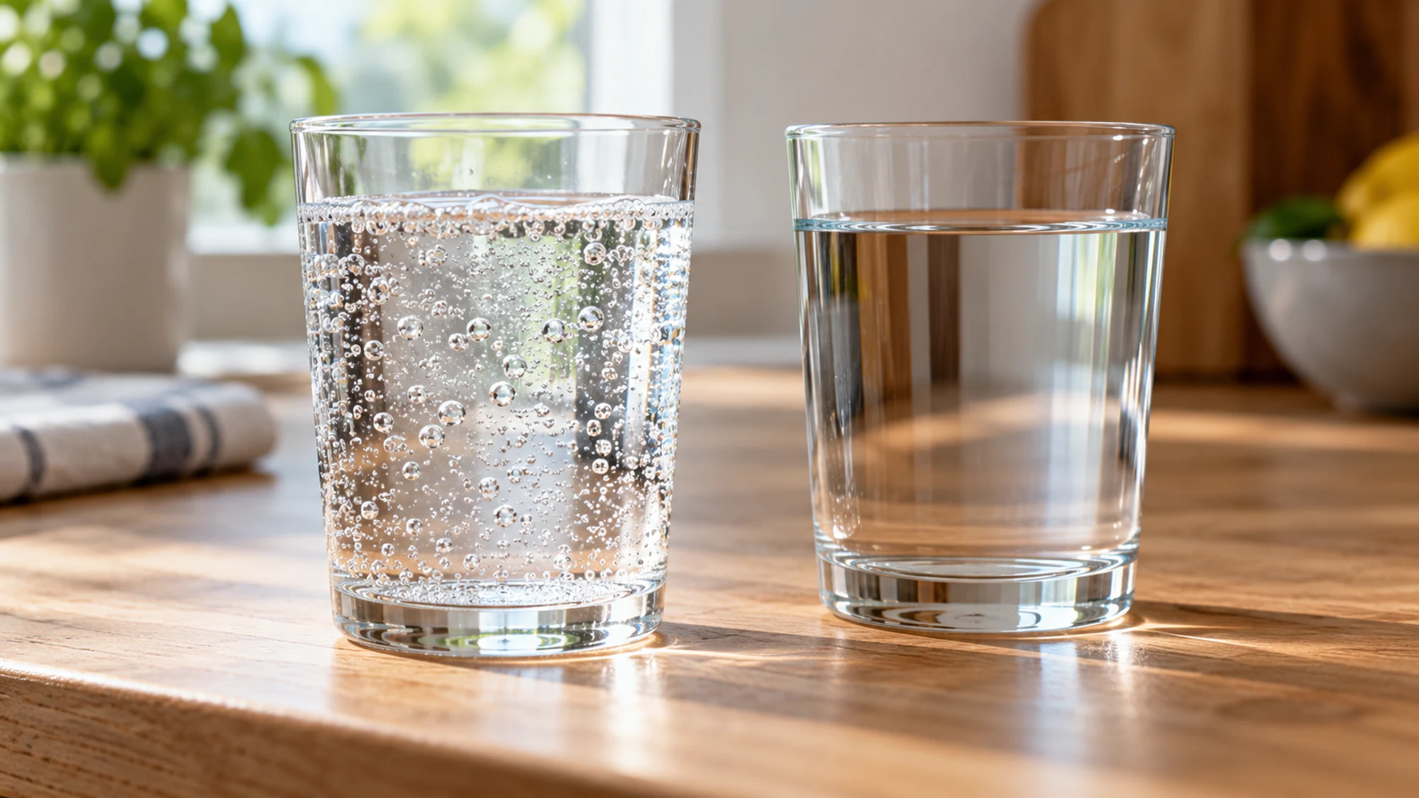 Sparkling and still water in clear glasses for comparing drinks when considering what causes bloating