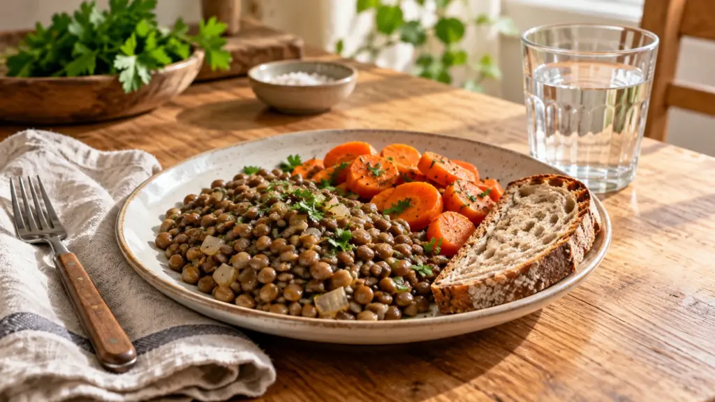 Lentils, cooked carrots and bread beside still water for a guide to what causes bloating
