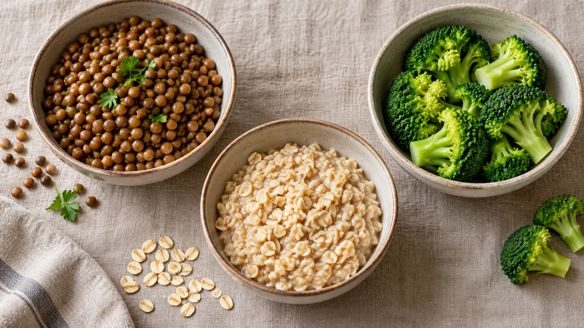 Cooked lentils, oatmeal and broccoli illustrating fiber-containing foods in a guide to what causes bloating