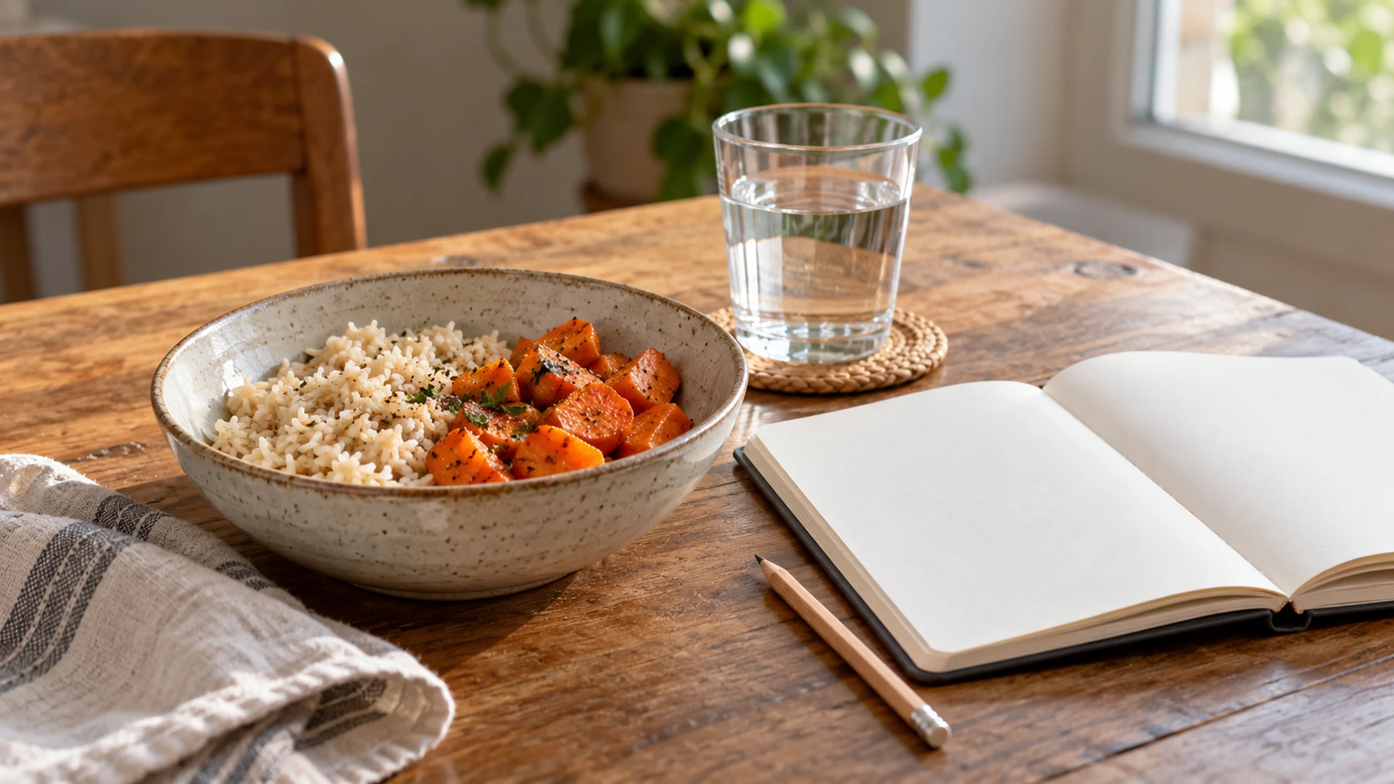 Rice and cooked carrots beside water and a notebook for tracking what causes bloating