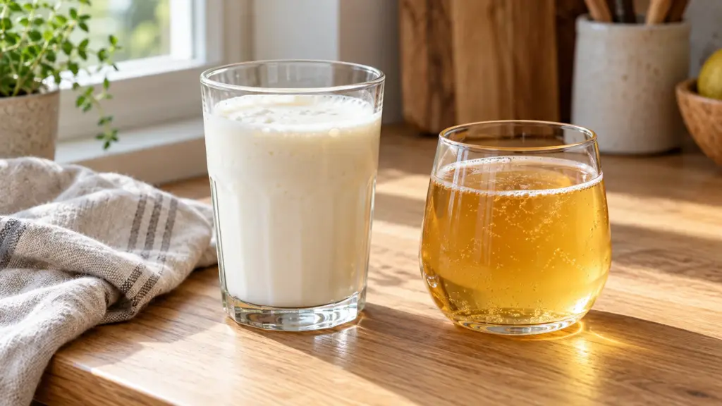 What is a probiotic drink? Cultured milk and fermented tea in glasses