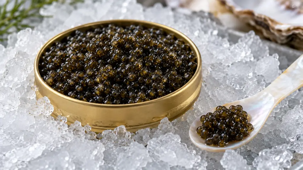 Open tin of dark sturgeon caviar on ice with a mother-of-pearl spoon
