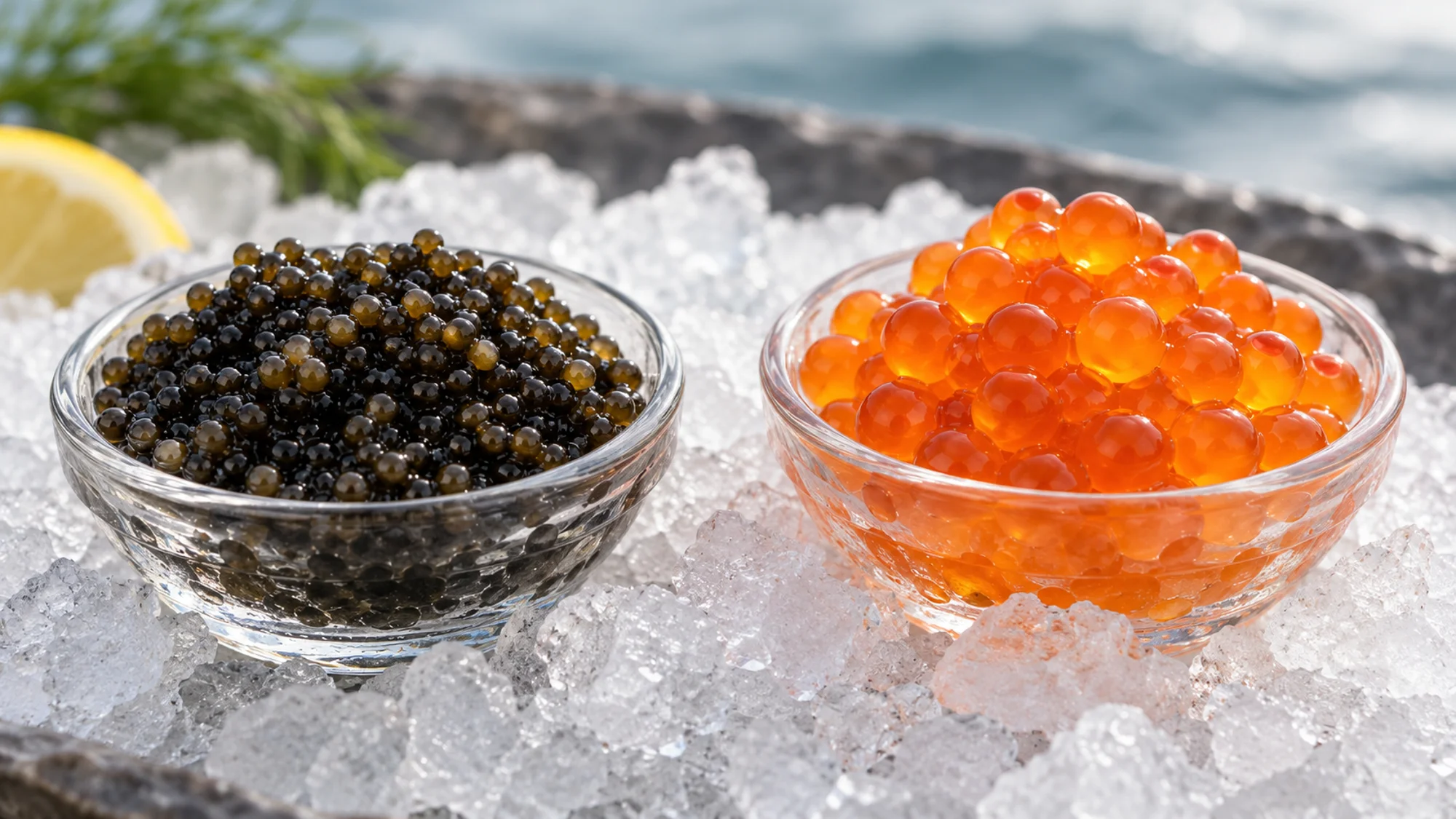 Small dark sturgeon roe beside larger orange salmon roe in separate bowls